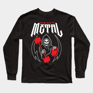 Heavy Metal (Gym Reaper Kettlebell & Barbell) Funny Fitness Pun Long Sleeve T-Shirt